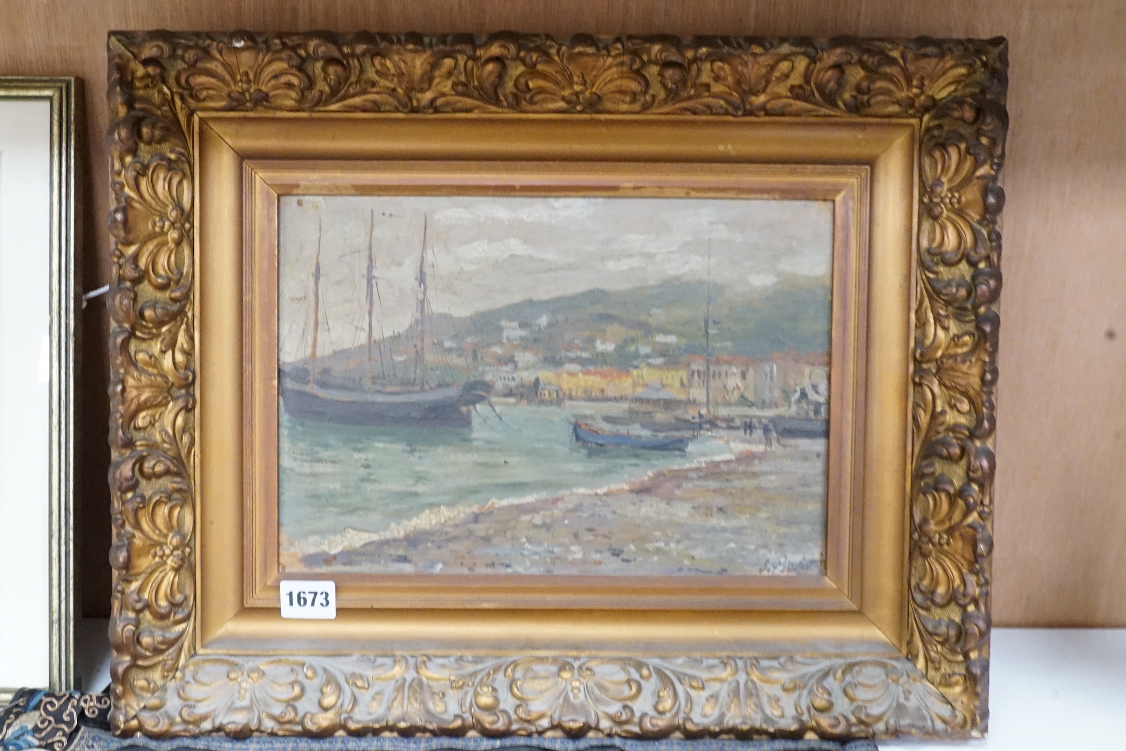 S. Pichot, oil on board, Boats moored along the coast, signed, label verso for Galea’s of Valetta, 21 x 31.5cm